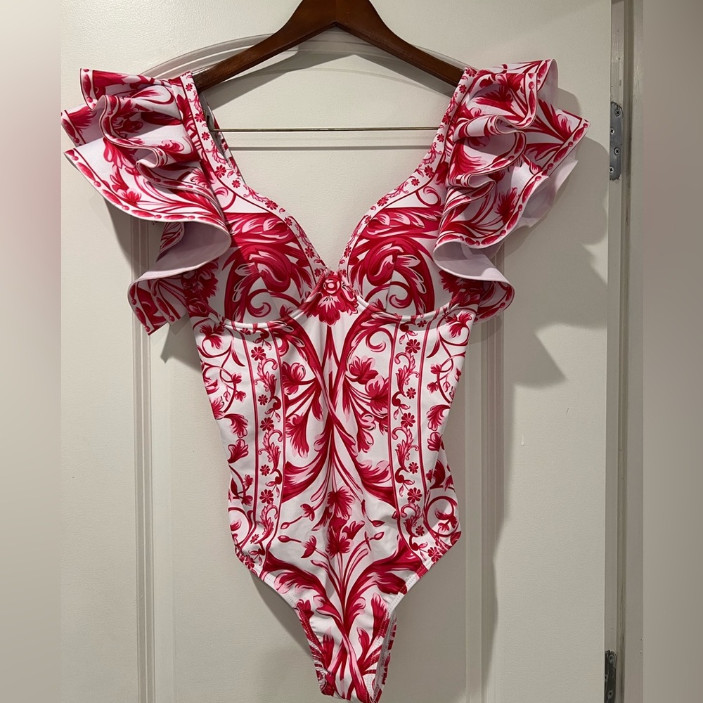 Red & White Swimsuit with Ruffle Sleeves